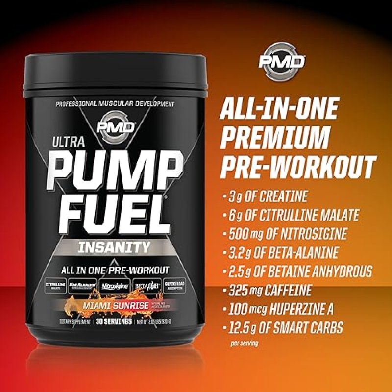 PMD SPORTS PUMP FUEL ULTRA INSANITY PRE WORKOUT POWDER FOCUS, ENDURANCE RECOVERY, 30 SERVINGS