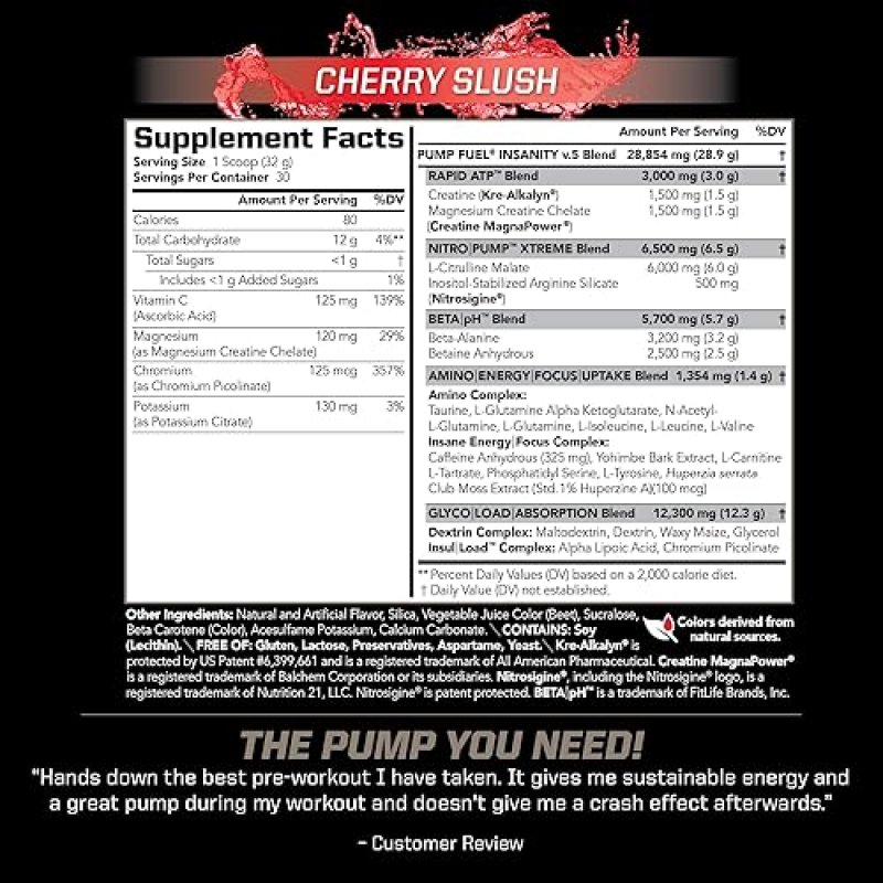 PMD SPORTS PUMP FUEL ULTRA INSANITY PRE WORKOUT POWDER CHERRY SLUSH FOCUS, ENDURANCE RECOVERY