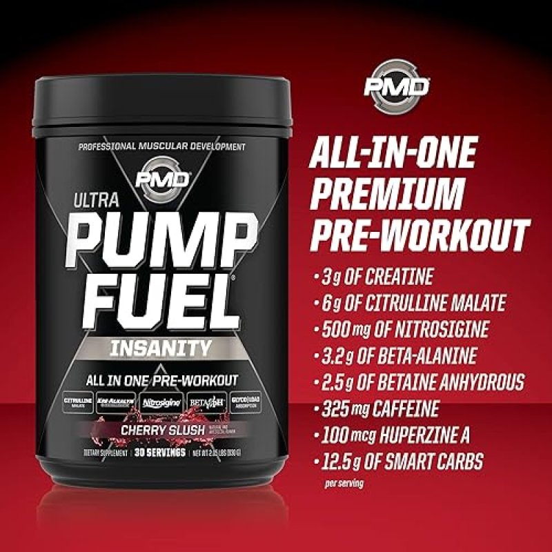 PMD SPORTS PUMP FUEL ULTRA INSANITY PRE WORKOUT POWDER CHERRY SLUSH FOCUS, ENDURANCE RECOVERY