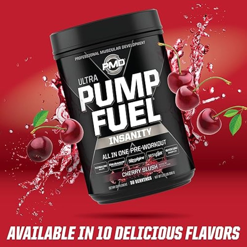 PMD SPORTS PUMP FUEL ULTRA INSANITY PRE WORKOUT POWDER CHERRY SLUSH FOCUS, ENDURANCE RECOVERY