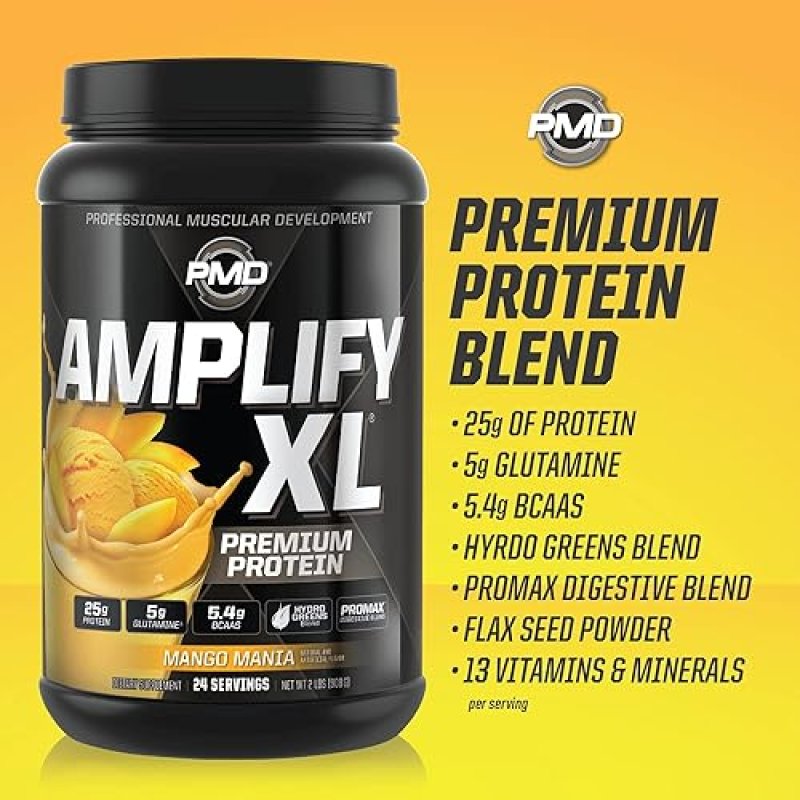 PMD SPORTS AMPLIFY XL WHEY PROTEIN WITH HYDRO GREENS, GLUTAMINE SUPERFOODS - MANGO, 24 SERVINGS