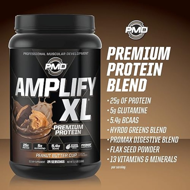 PMD SPORTS AMPLIFY XL WHEY PROTEIN WITH HYDRO GREENS, GLUTAMINE SUPERFOODS PEANUT BUTTER CUP, 24 SER