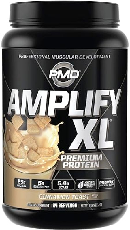 PMD SPORTS AMPLIFY XL WHEY PROTEIN WITH HYDRO GREENS, GLUTAMINE SUPERFOODS CINNAMON TOAST, 24 SERVIN