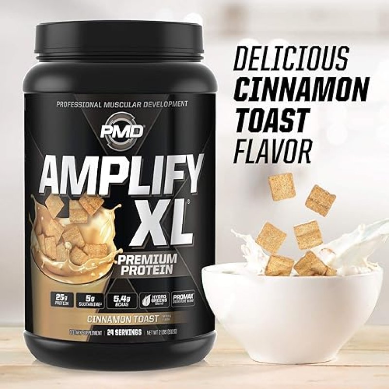 PMD SPORTS AMPLIFY XL WHEY PROTEIN WITH HYDRO GREENS, GLUTAMINE SUPERFOODS CINNAMON TOAST, 24 SERVIN