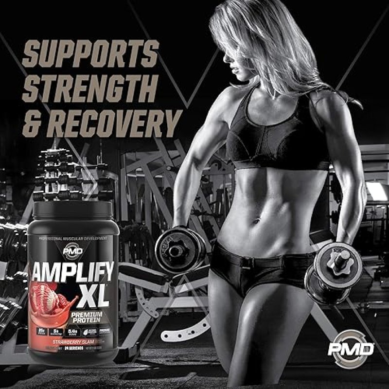 PMD SPORTS AMPLIFY XL WHEY PROTEIN WITH HYDRO GREENS, GLUTAMINE SUPERFOODS - STRAWBERRY, 24 SERVINGS