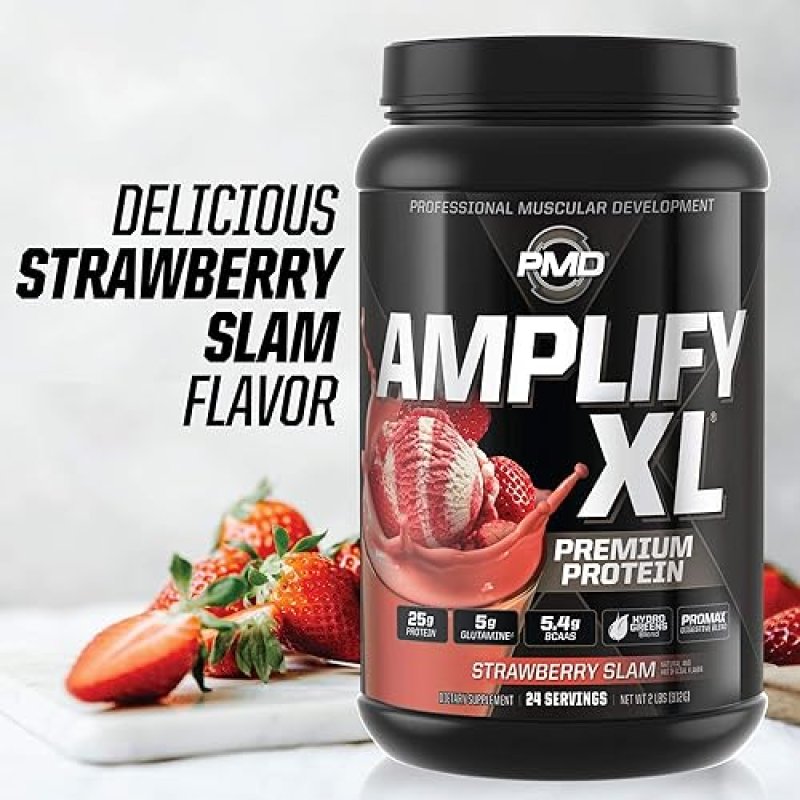 PMD SPORTS AMPLIFY XL WHEY PROTEIN WITH HYDRO GREENS, GLUTAMINE SUPERFOODS - STRAWBERRY, 24 SERVINGS