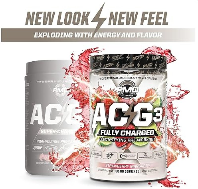 PMD SPORTS ACG3 FULLY CHARGED PRE WORKOUT POWDER - STRAWBERRY MARGARITA, ENERGY FOCUS BOOST