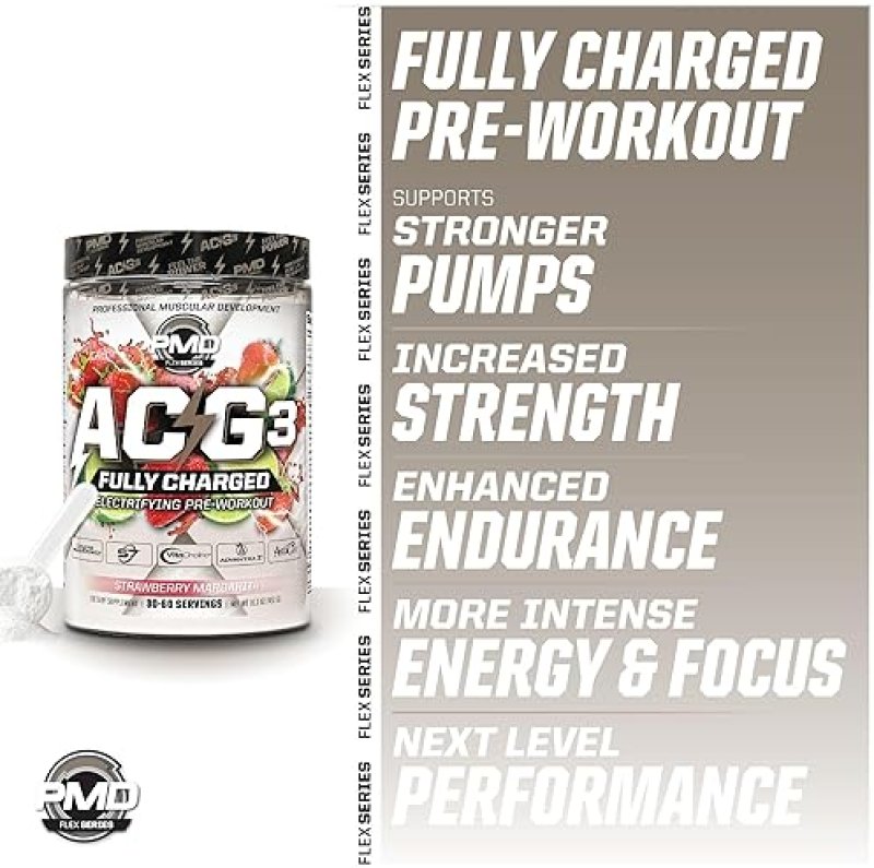 PMD SPORTS ACG3 FULLY CHARGED PRE WORKOUT POWDER - STRAWBERRY MARGARITA, ENERGY FOCUS BOOST