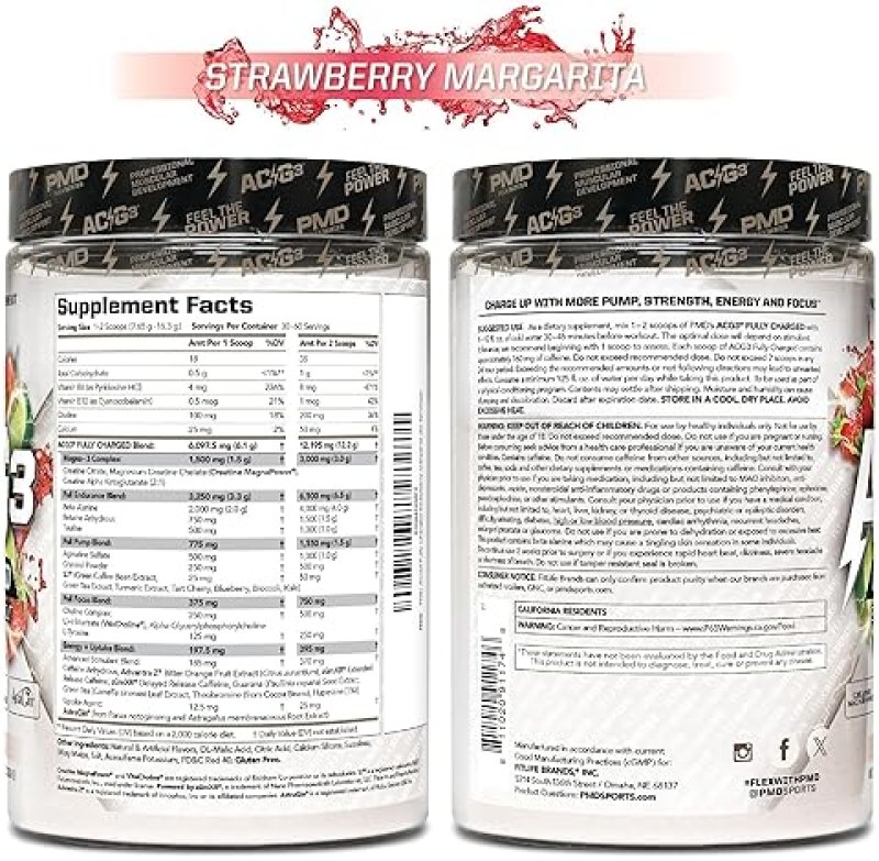 PMD SPORTS ACG3 FULLY CHARGED PRE WORKOUT POWDER - STRAWBERRY MARGARITA, ENERGY FOCUS BOOST