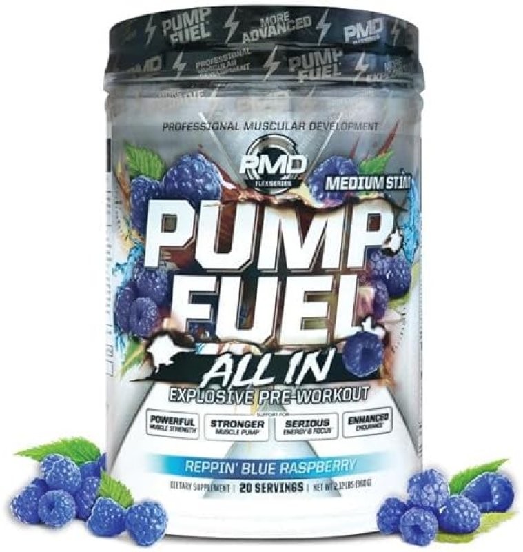 PMD SPORTS PUMP FUEL MEDIUM STIM PRE WORKOUT POWDER BLUE RASPBERRY ENERGY, FOCUS, ENDURANCE RECOVERY