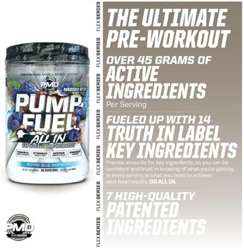 PMD SPORTS PUMP FUEL MEDIUM STIM PRE WORKOUT POWDER BLUE RASPBERRY ENERGY, FOCUS, ENDURANCE RECOVERY