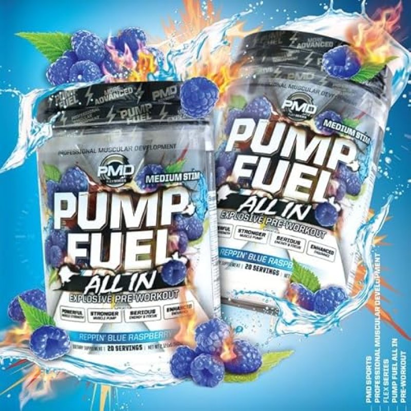 PMD SPORTS PUMP FUEL MEDIUM STIM PRE WORKOUT POWDER BLUE RASPBERRY ENERGY, FOCUS, ENDURANCE RECOVERY