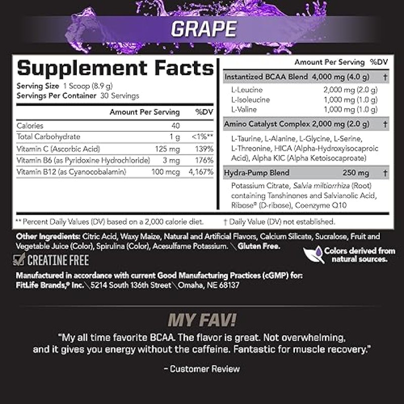 PMD SPORTS STIM-FREE BCAA POWDER GRAPE - MUSCLE RECOVERY, ENERGY PERFORMANCE BOOST, 30 SERVINGS
