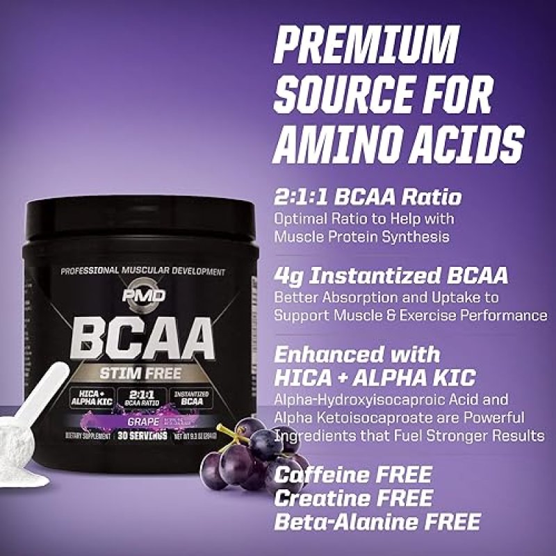 PMD SPORTS STIM-FREE BCAA POWDER GRAPE - MUSCLE RECOVERY, ENERGY PERFORMANCE BOOST, 30 SERVINGS