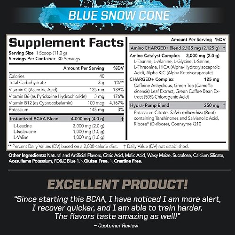 PMD SPORTS BCAA CHARGED AMINO ACID DRINK MIX BLUE SNOW CONE - 30 SERVINGS FOR MUSCLE ENERGY