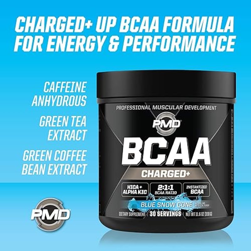 PMD SPORTS BCAA CHARGED AMINO ACID DRINK MIX BLUE SNOW CONE - 30 SERVINGS FOR MUSCLE ENERGY