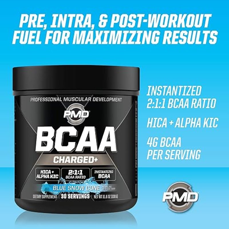 PMD SPORTS BCAA CHARGED AMINO ACID DRINK MIX BLUE SNOW CONE - 30 SERVINGS FOR MUSCLE ENERGY