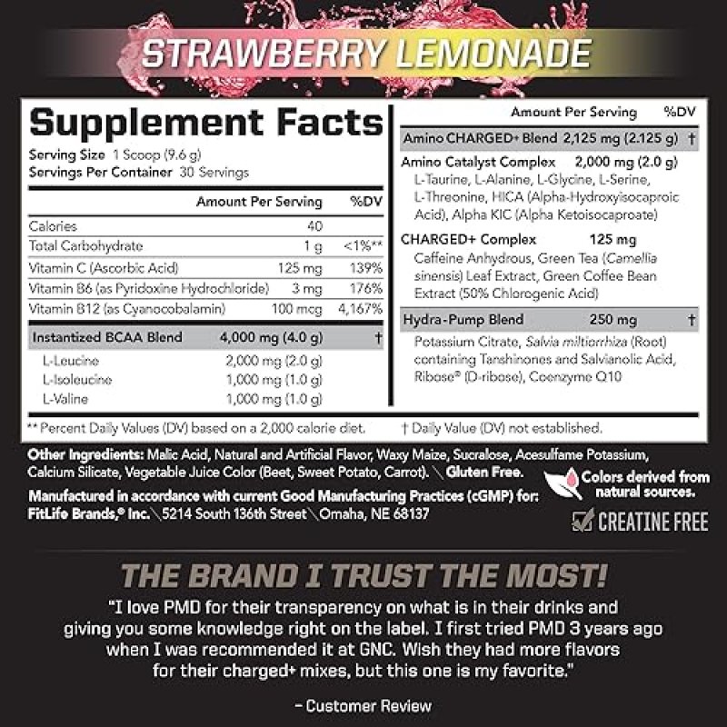 PMD SPORTS BCAA CHARGED AMINO ACID DRINK MIX STRAWBERRY LEMONADE - 30 SERVINGS FOR MUSCLE RECOVERY E