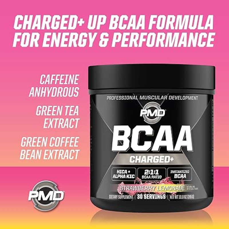 PMD SPORTS BCAA CHARGED AMINO ACID DRINK MIX STRAWBERRY LEMONADE - 30 SERVINGS FOR MUSCLE RECOVERY E