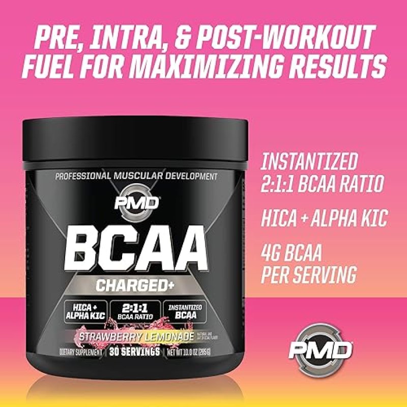 PMD SPORTS BCAA CHARGED AMINO ACID DRINK MIX STRAWBERRY LEMONADE - 30 SERVINGS FOR MUSCLE RECOVERY E