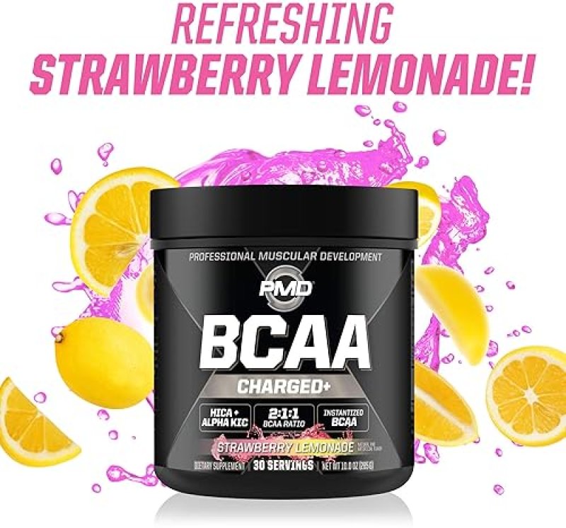 PMD SPORTS BCAA CHARGED AMINO ACID DRINK MIX STRAWBERRY LEMONADE - 30 SERVINGS FOR MUSCLE RECOVERY E