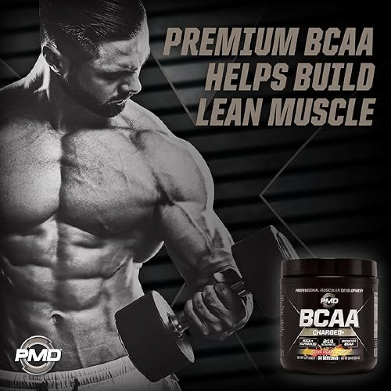 PMD SPORTS BCAA CHARGED SOUR PEACH RING AMINO ACID DRINK MIX FOR MUSCLE ENERGY, 30 SERVINGS