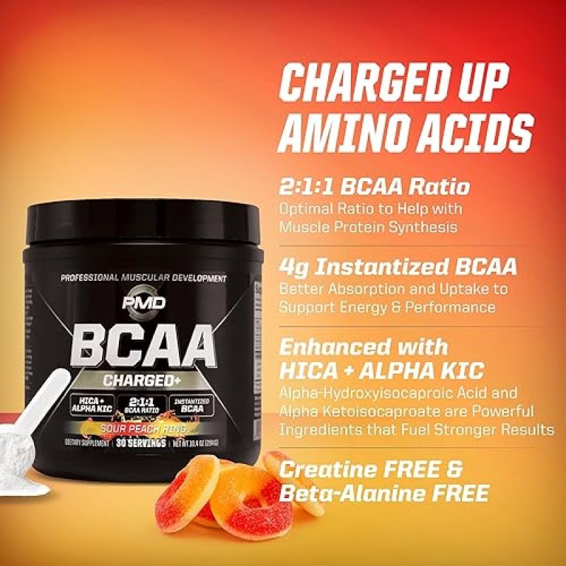 PMD SPORTS BCAA CHARGED SOUR PEACH RING AMINO ACID DRINK MIX FOR MUSCLE ENERGY, 30 SERVINGS