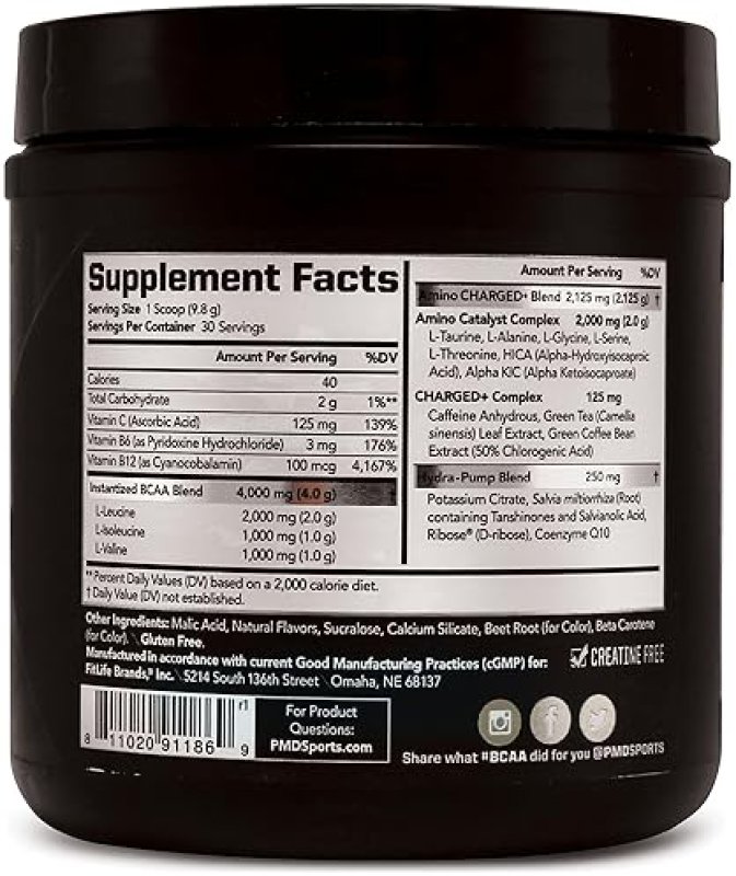 PMD SPORTS BCAA CHARGED SOUR PEACH RING AMINO ACID DRINK MIX FOR MUSCLE ENERGY, 30 SERVINGS