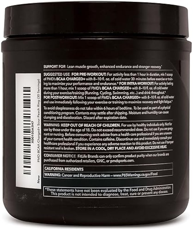 PMD SPORTS BCAA CHARGED SOUR PEACH RING AMINO ACID DRINK MIX FOR MUSCLE ENERGY, 30 SERVINGS