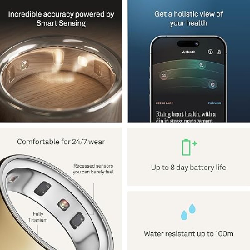 OURA RING GENERATION 4 GOLD SIZE 8 SLEEP, ACTIVITY, WOMEN S HEALTH TRACKER, AI ADVISOR, 8-DAY BATTER