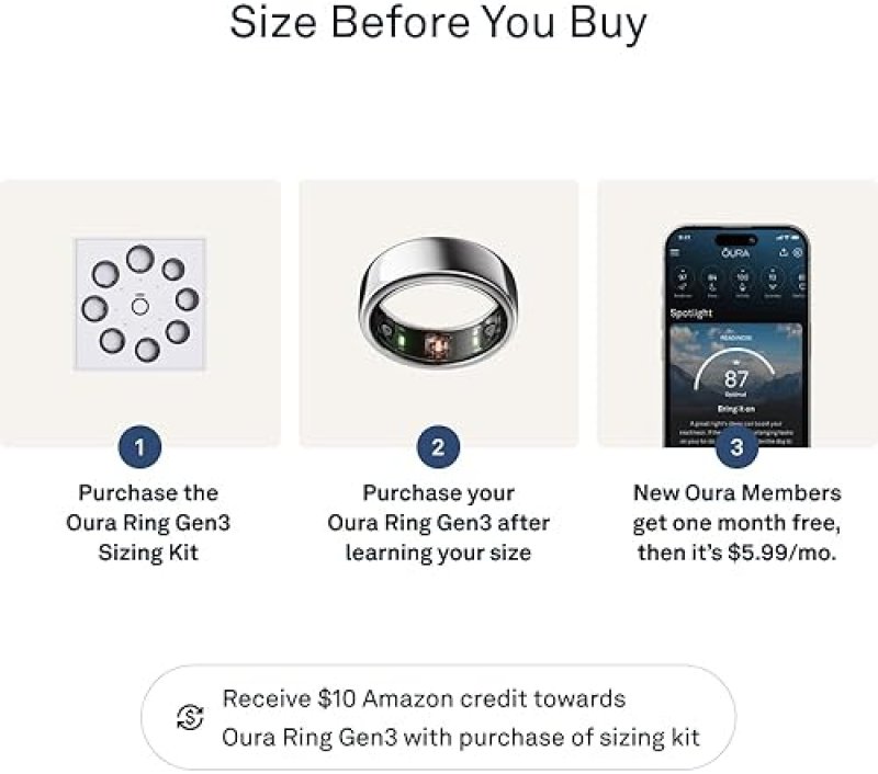 OURA RING GEN3 HORIZON SILVER SIZE 8 WITH SIZING KIT SLEEP, HEART RATE FITNESS TRACKER