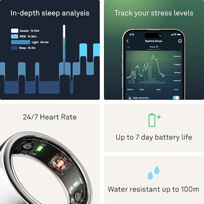OURA RING GEN3 HORIZON SILVER SIZE 8 WITH SIZING KIT SLEEP FITNESS TRACKER, 5-7 DAYS BATTERY