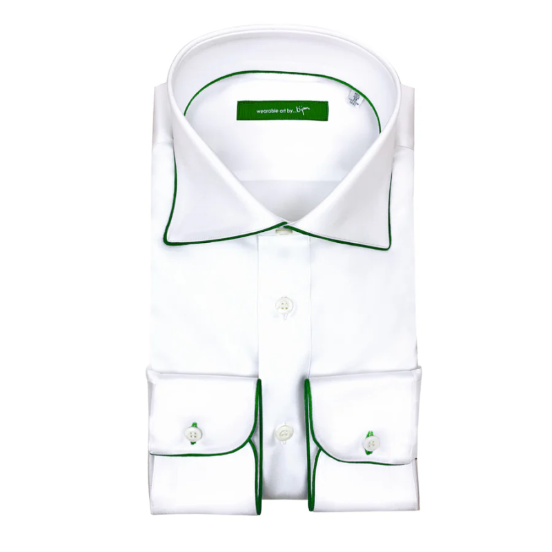 BIJAN DRESS SHIRT WITH GREEN PIPING DETAIL WHITE