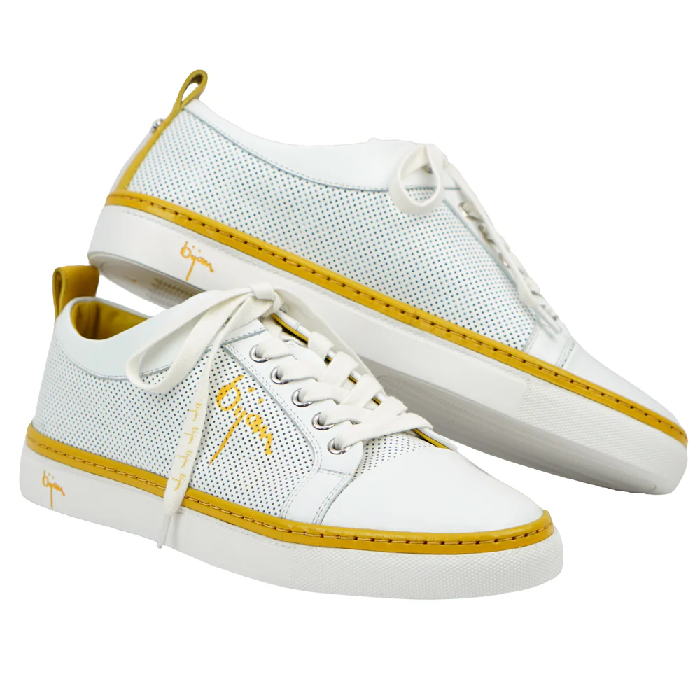 BIJAN WHITE FINE LEATHER SNEAKERS WITH BIJAN YELLOW DETAIL