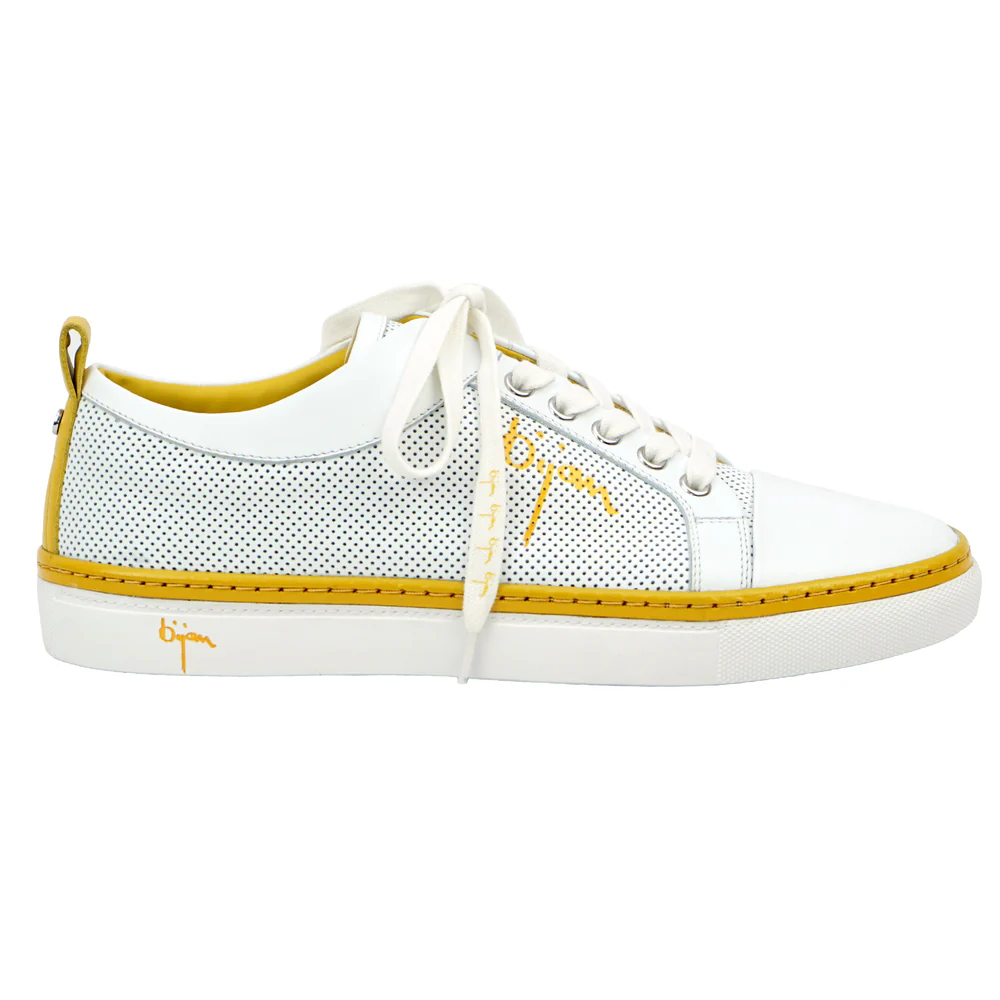BIJAN WHITE FINE LEATHER SNEAKERS WITH BIJAN YELLOW DETAIL