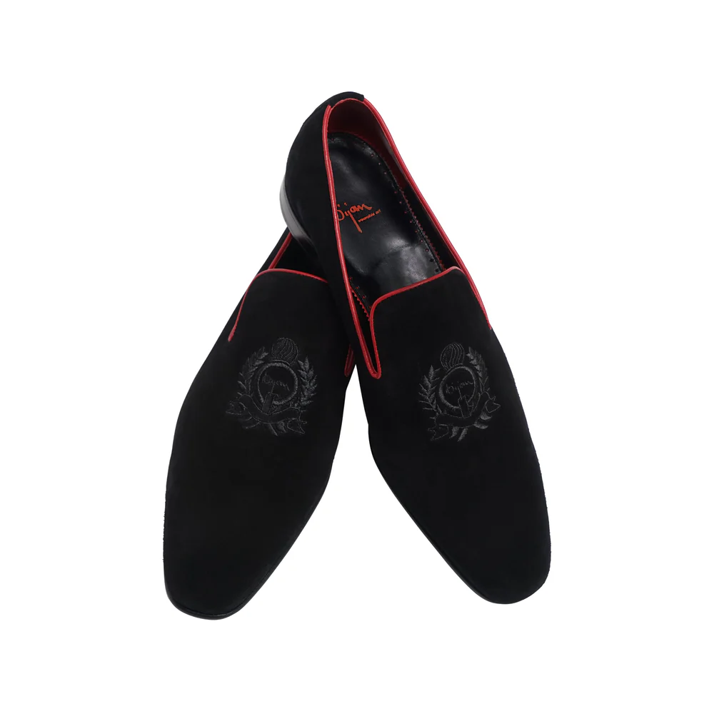 BIJAN RED  BLACK AND RED SUEDE LOAFER