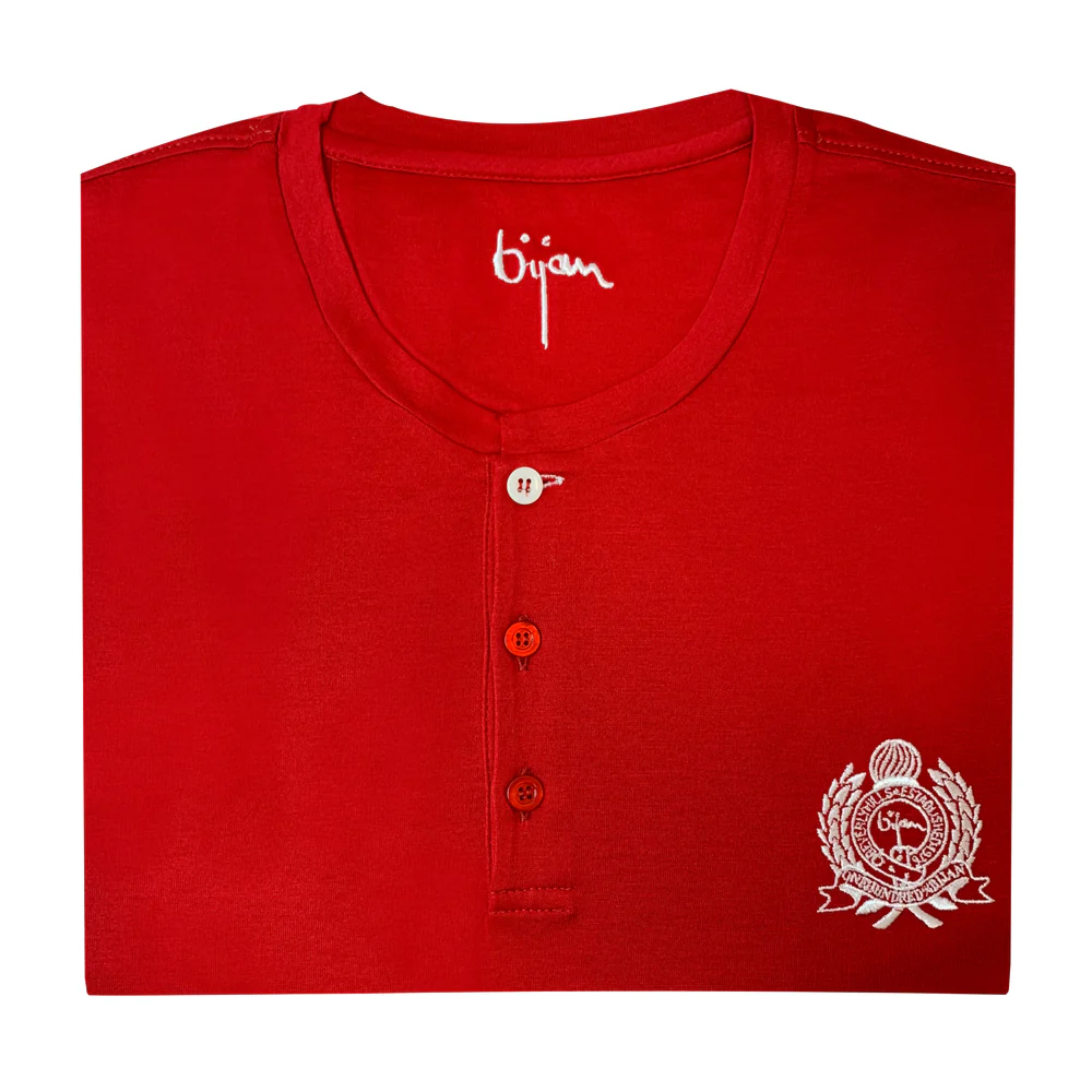 BIJANRED  RED ROUND NECK SHORT SLEEVE T-SHIRT WITH 3 BUTTONS