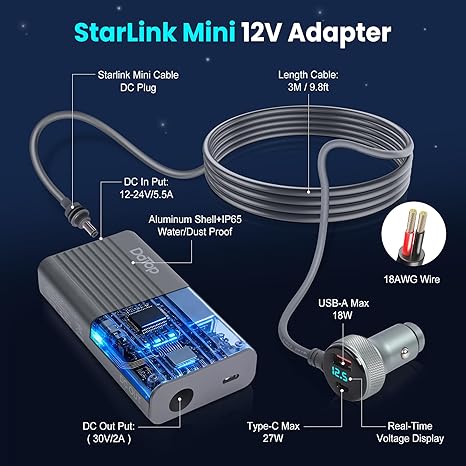 STARLINK MINI TRIPOD MOUNT WITH PIPE ADAPTER FOR STARLINK MINI CAR ADAPTER-12V~24V,STARLINK MINI CAR CHARGER 3 IN 1 FOR STARLINK MINI TRIPOD KIT FOR OUTDOOR CAMPING, TRAVELING, RV | FOR STARLINK