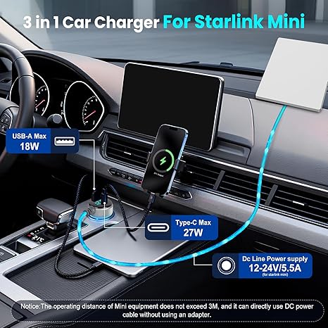 STARLINK MINI TRIPOD MOUNT WITH PIPE ADAPTER FOR STARLINK MINI CAR ADAPTER-12V~24V,STARLINK MINI CAR CHARGER 3 IN 1 FOR STARLINK MINI TRIPOD KIT FOR OUTDOOR CAMPING, TRAVELING, RV | FOR STARLINK