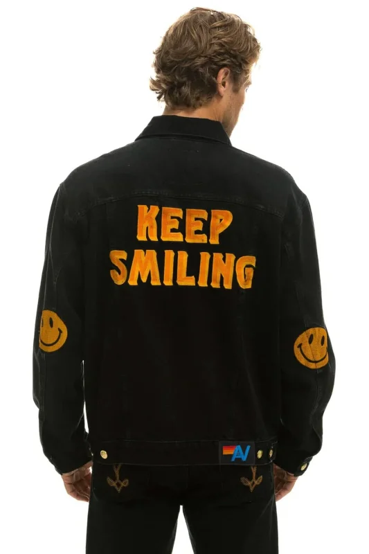 AVIATOR NATION KEEP SMILING OVERSIZED CONCERT DENIM JACKET - VINTAGE BLACK