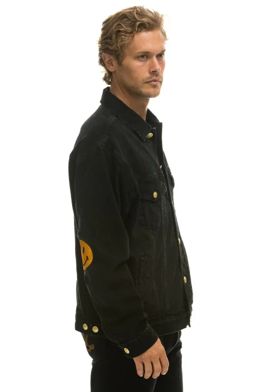 AVIATOR NATION KEEP SMILING OVERSIZED CONCERT DENIM JACKET - VINTAGE BLACK