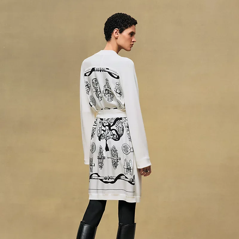 HERMES FERRONNERIE REMIX" LONG-SLEEVE TWILLAINE CARDIGAN BLANC NACRE