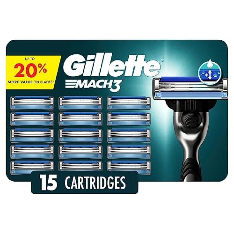 GILLETTE MACH3 MENS RAZOR BLADES, 15 COUNT 3-BLADE RAZOR REFILLS FOR SMOOTH SHAVING