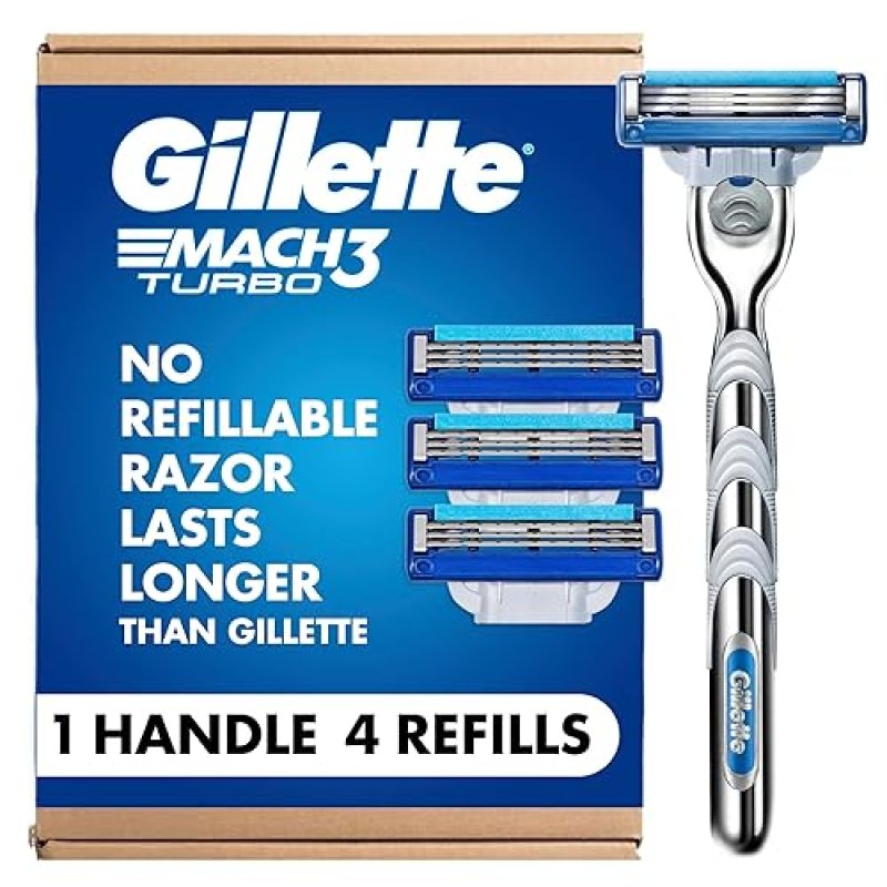 GILLETTE MACH3 TURBO MENS RAZOR WITH 1 HANDLE AND 4 BLADE REFILLS FOR SMOOTH SHAVING