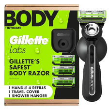 GILLETTE LABS BODY INTIMATE RAZOR FOR MEN WITH HANDLE, 4 BLADE REFILLS TRAVEL COVER