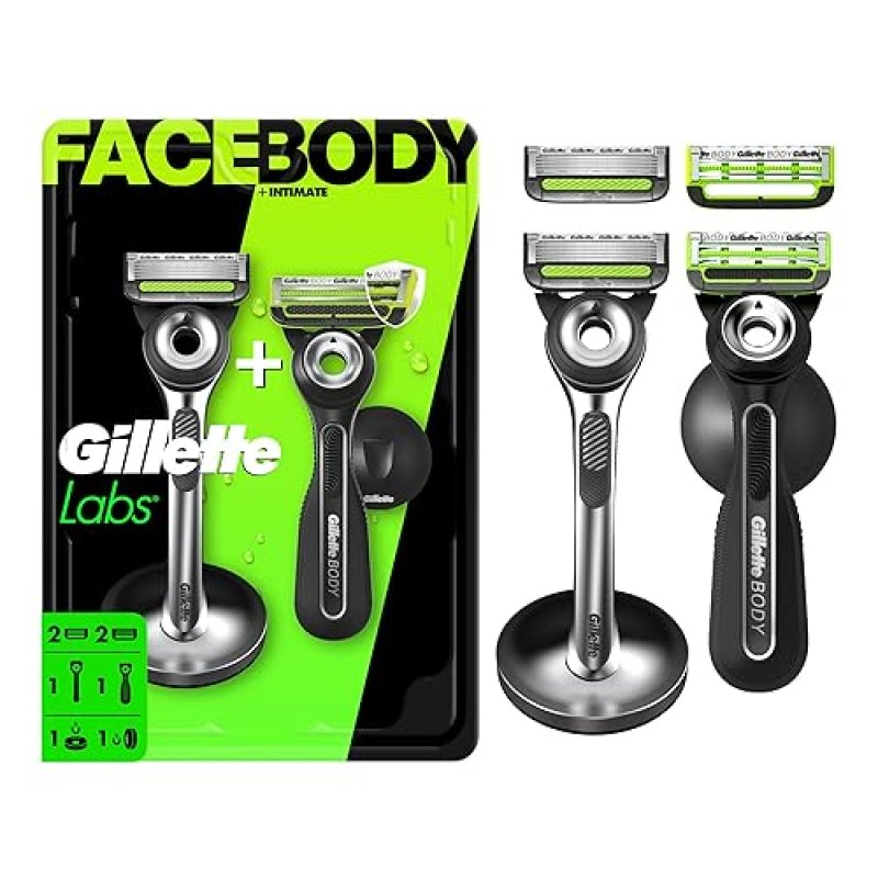 GILLETTE LABS RAZOR DUO PACK WITH FACE BODY RAZORS 4 BLADE REFILLS 2 FACE, 2 BODY