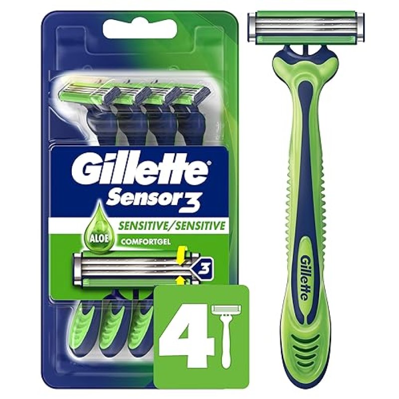 GILLETTE SENSOR3 SENSITIVE MENS DISPOSABLE RAZORS, PACK OF 4 FOR SMOOTH SHAVING