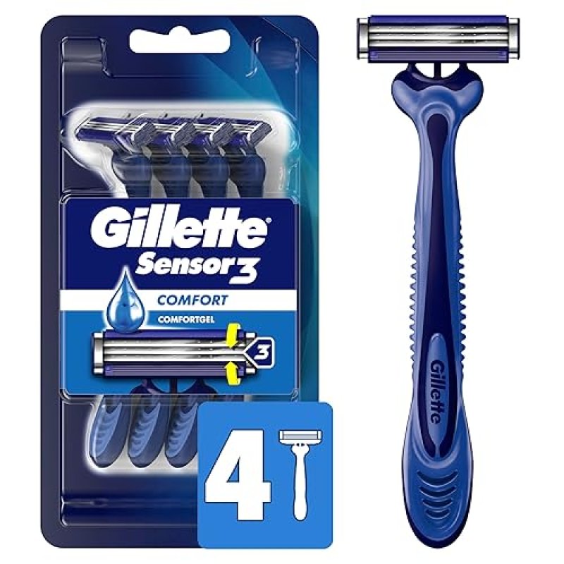 GILLETTE SENSOR3 SMOOTH SHAVE DISPOSABLE RAZOR PACK OF 4 COMFORTABLE CLOSE SHAVING