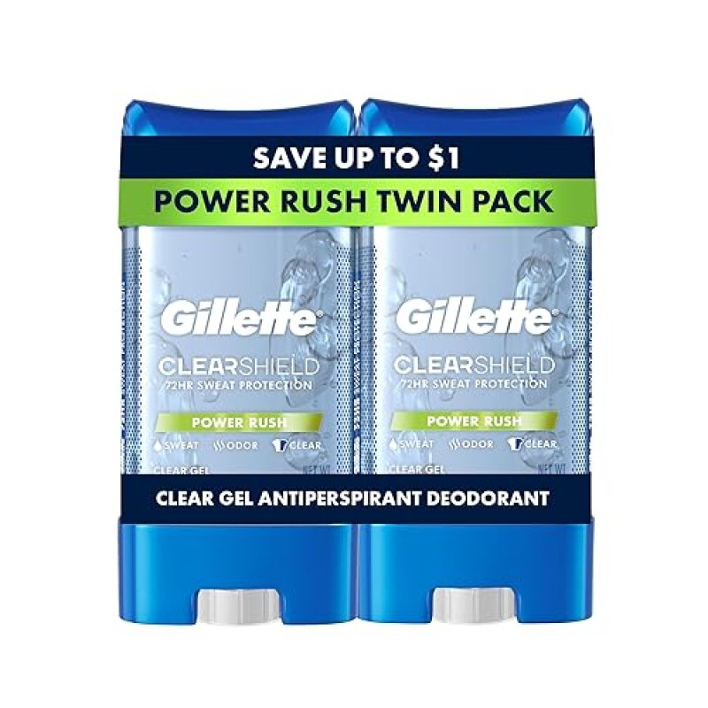 GILLETTE MEN S ANTIPERSPIRANT DEODORANT CLEAR GEL 72HR SWEAT ODOR PROTECTION POWER RUSH 3.8OZ 2-PACK