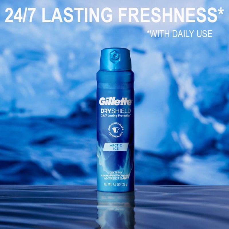 GILLETTE DRY SPRAY ANTIPERSPIRANT FOR MEN 24 7 SWEAT ODOR PROTECTION ARCTIC ICE 4.3 OZ 3-PACK